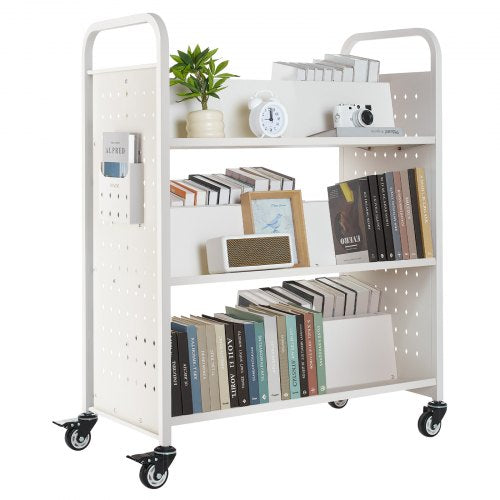 Rullande biblioteksbokvagn, 150 kg kapacitet, 97 x 51,5 x 122,5 cm biblioteksvagn, dubbelsidiga W-formade hyllor med 76,2 mm låsbara hjul, bokvagn för hemhyllor, kontor och skola, vit