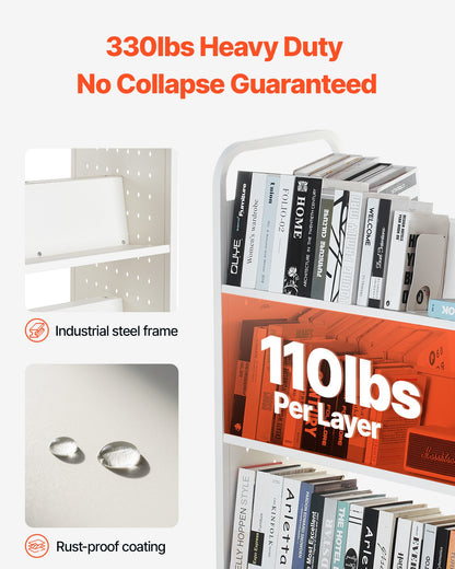 Rullande biblioteksbokvagn, 150 kg kapacitet, 97 x 51,5 x 122,5 cm biblioteksvagn, dubbelsidiga W-formade hyllor med 76,2 mm låsbara hjul, bokvagn för hemhyllor, kontor och skola, vit