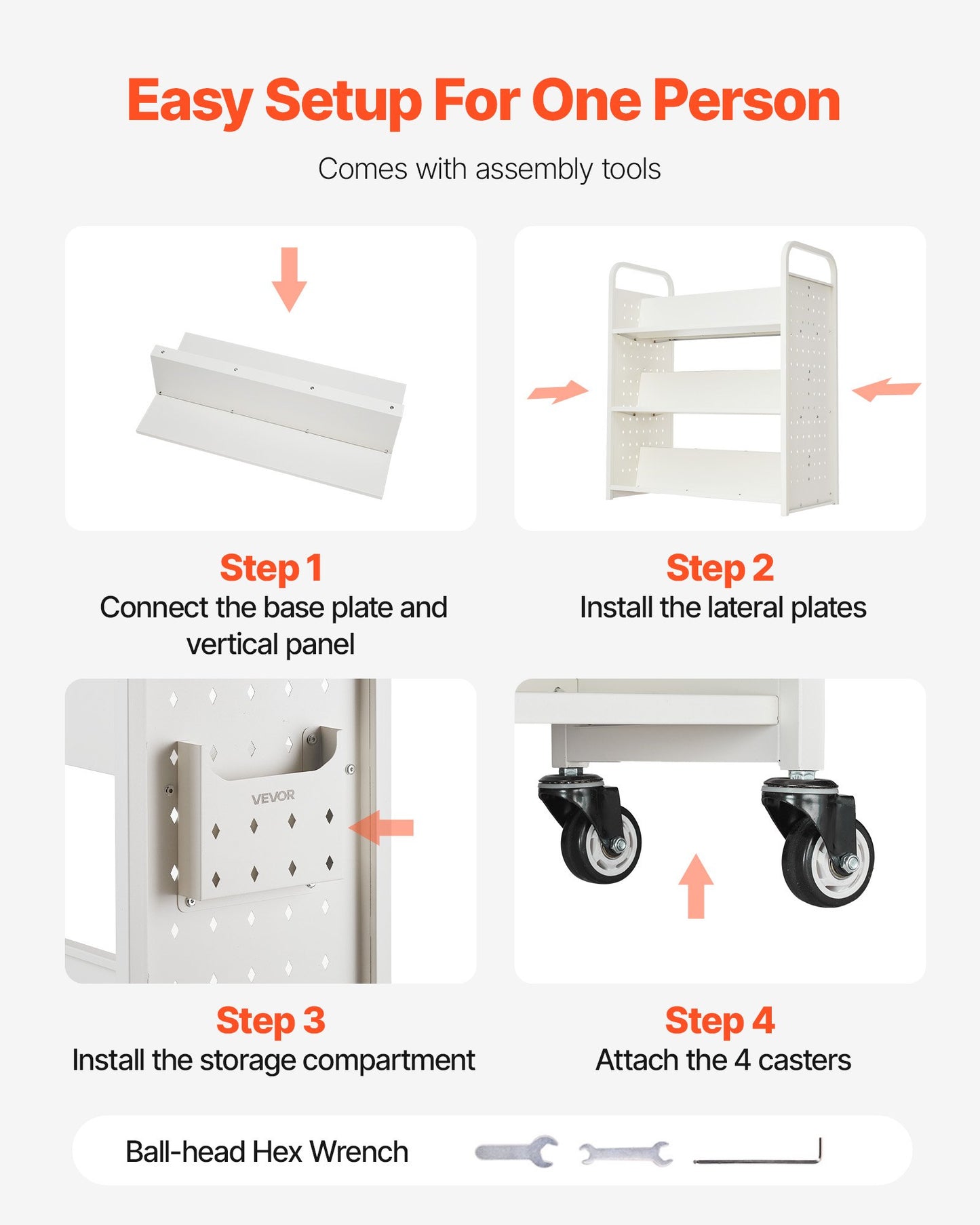 Rullande biblioteksbokvagn, 150 kg kapacitet, 97 x 51,5 x 122,5 cm biblioteksvagn, dubbelsidiga W-formade hyllor med 76,2 mm låsbara hjul, bokvagn för hemhyllor, kontor och skola, vit