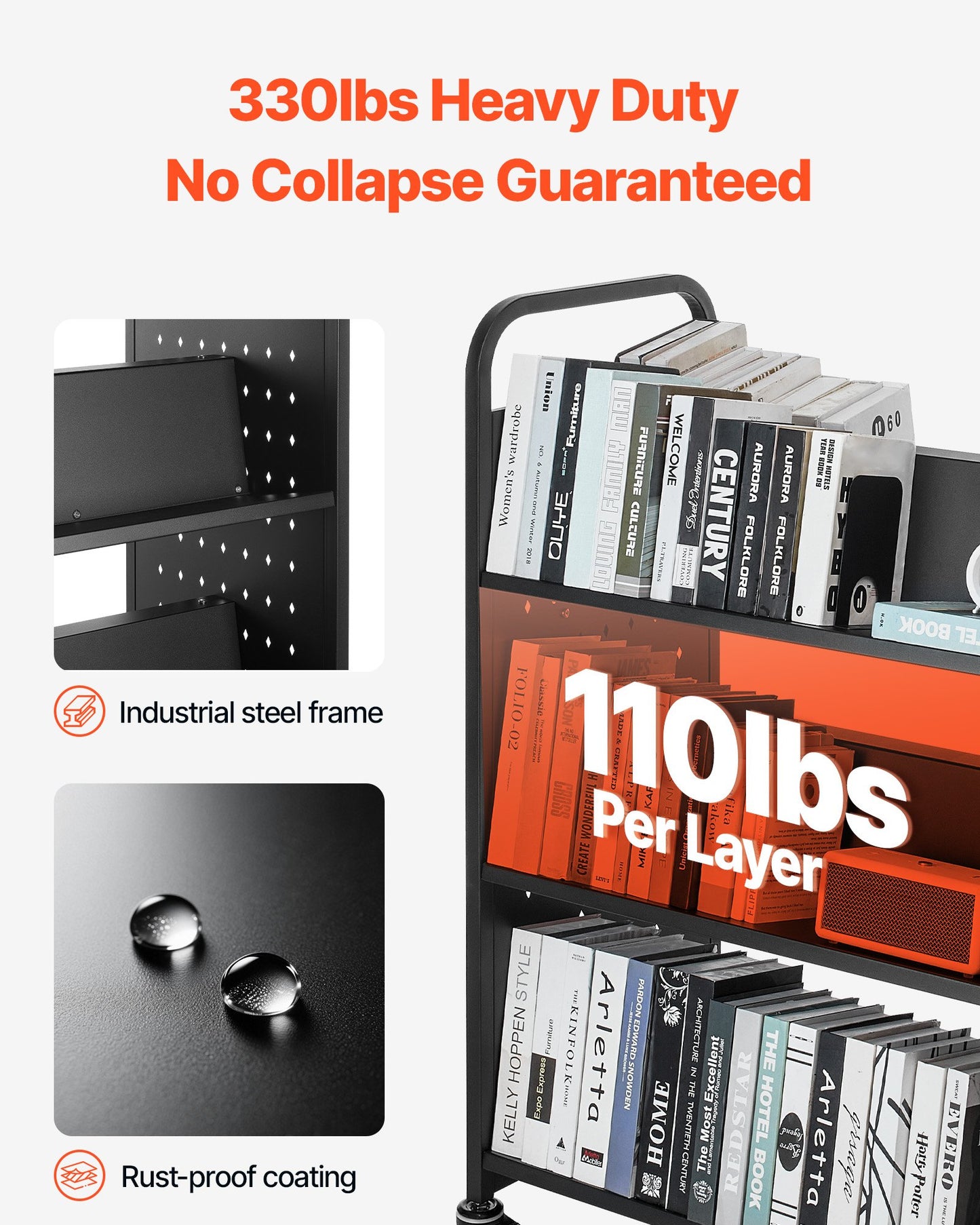 Rullande biblioteksbokvagn, 150 kg kapacitet, 97 x 51,5 x 122,5 cm biblioteksvagn, dubbelsidiga W-formade hyllor med 76,2 mm låsbara hjul, bokvagn för hemhyllor, kontor och skola, svart