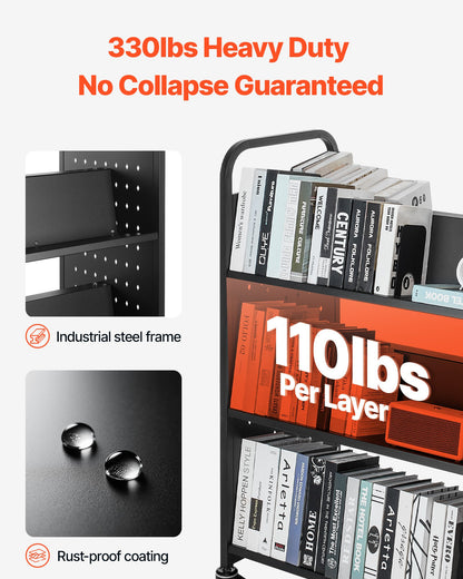 Rullande biblioteksbokvagn, 150 kg kapacitet, 97 x 51,5 x 122,5 cm biblioteksvagn, dubbelsidiga W-formade hyllor med 76,2 mm låsbara hjul, bokvagn för hemhyllor, kontor och skola, svart