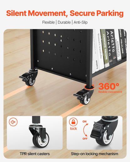 Rullande biblioteksbokvagn, 150 kg kapacitet, 97 x 51,5 x 122,5 cm biblioteksvagn, dubbelsidiga W-formade hyllor med 76,2 mm låsbara hjul, bokvagn för hemhyllor, kontor och skola, svart