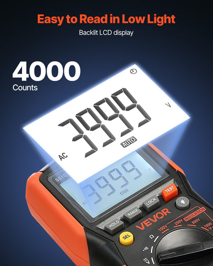 Digital multimeter, 4000-siffrig TRMS voltmeter ohmmeter, 1000V AC/DC spänningstestare med omkopplingsbart automatiskt/manuellt område för spänning, resistans och kontinuitetsmätning