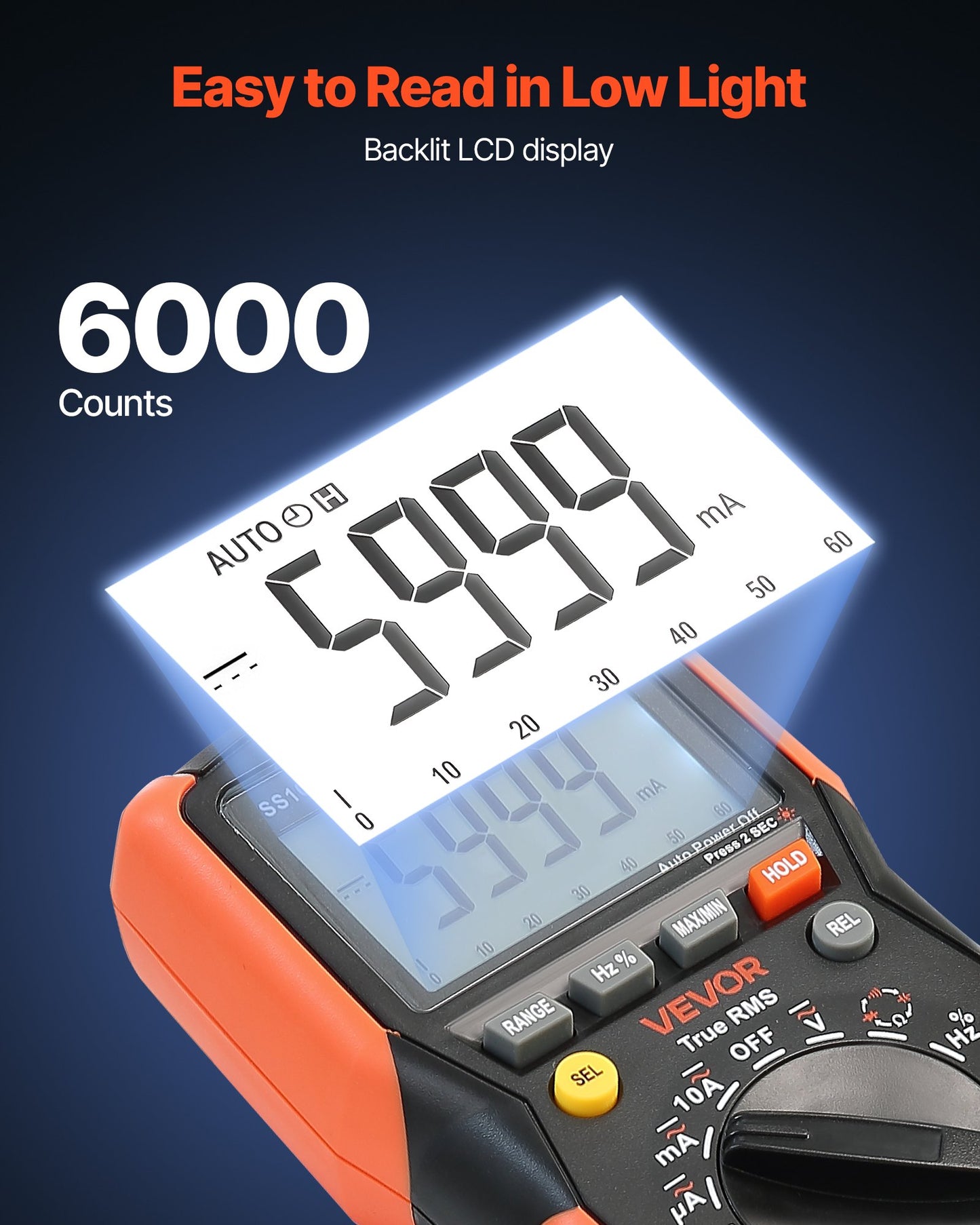 Digital multimeter, 6000-siffriga TRMS DC/AC voltmeter strömtester, multimeter med automatiskt områdesmätning för ström, spänning, resistans, kapacitans, temperatur, dioder, kontinuitet, lågimpedansmätning