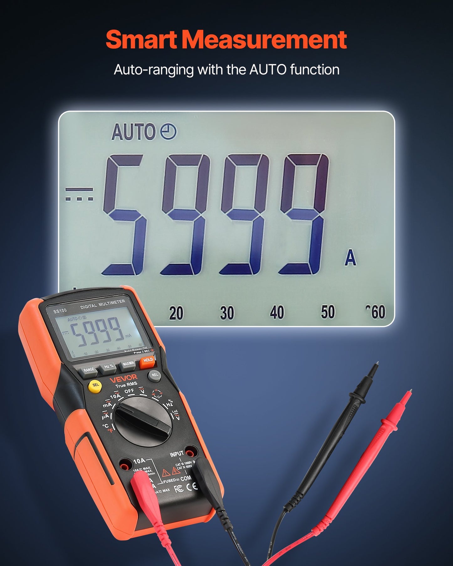 Digital multimeter, 6000-siffriga TRMS DC/AC voltmeter strömtester, multimeter med automatiskt områdesmätning för ström, spänning, resistans, kapacitans, temperatur, dioder, kontinuitet, lågimpedansmätning