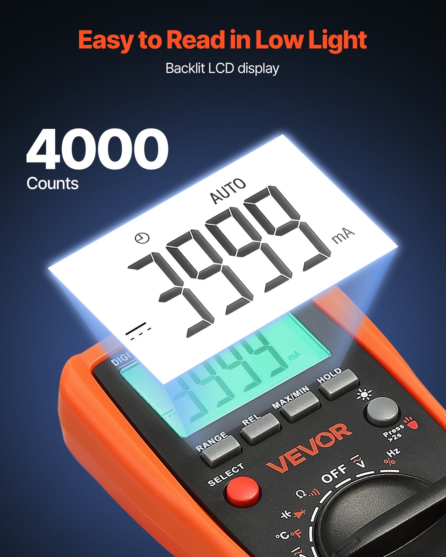 Digital multimeter, 4000-siffriga TRMS DC/AC voltmeter strömtester, multimeter med automatiskt område för ström, spänning, resistans, kapacitans, temperatur, dioder, kontinuitet, arbetscykelmätningar