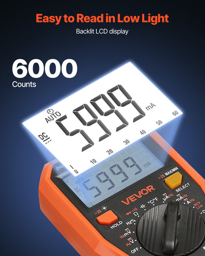 Digital multimeter, 6000-enheters TRMS DC/AC voltmeter strömtestare, professionell NCV-multimeter för ström, spänning, resistans, kapacitans, arbetscykel, temperatur, dioder, kontinuitet, fasförande ledningstest