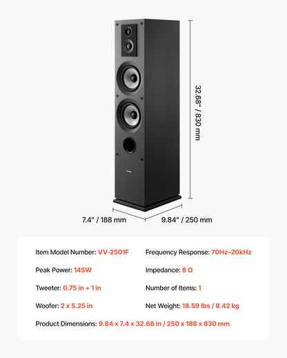 Passive Floorstanding Speaker, 3-Way, Floor-Standing Tower Speaker with 19.05 mm&25.4 mm Tweeter, Dual 133.35 mm Woofers, 145W Peak, 70Hz–20kHz Frequency Response, MDF Enclosure, for Home Audio, Single