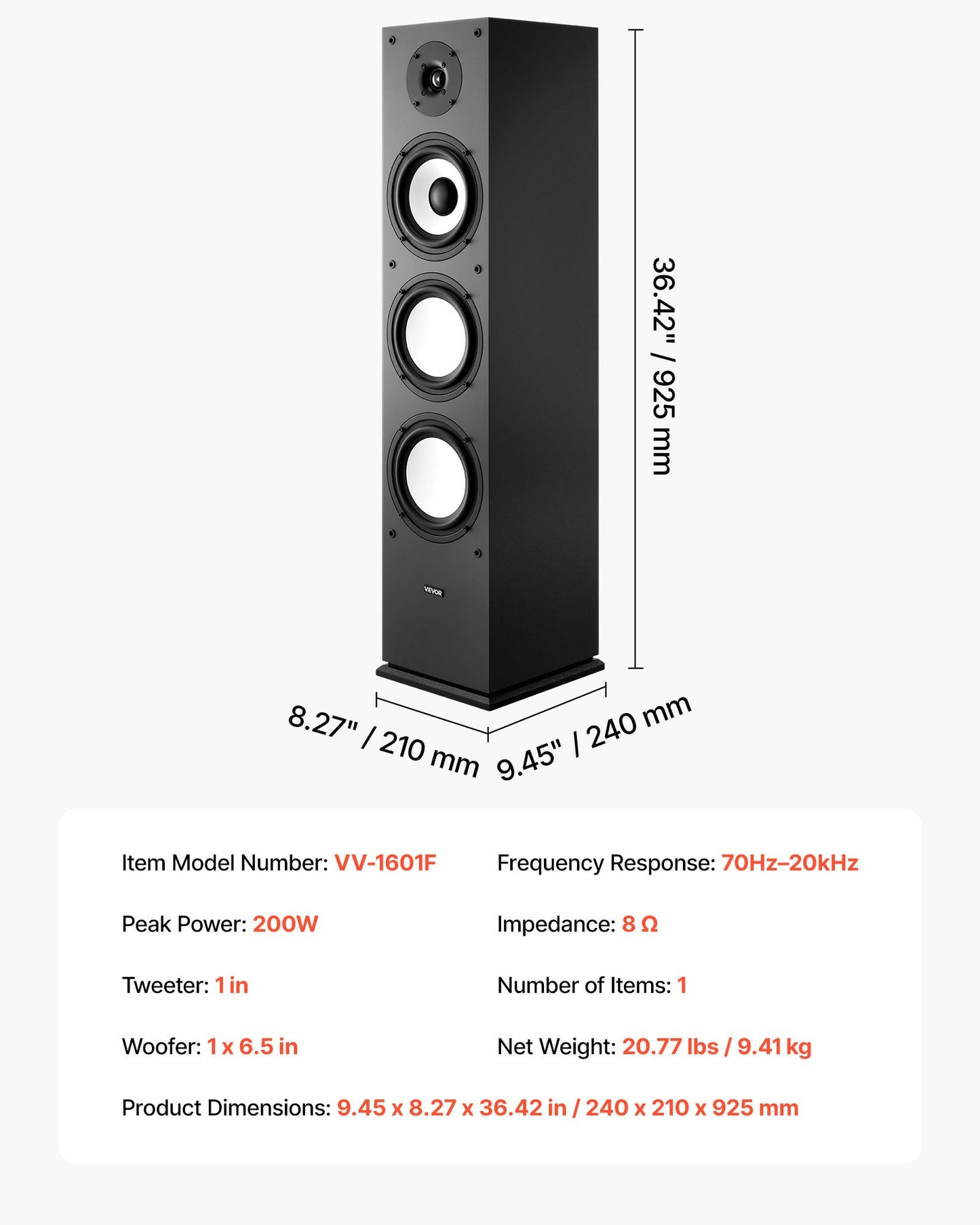 Passiv golvhögtalare, 2-vägs, golvstående tornhögtalare med 25,4 mm diskant, 165,1 mm bashögtalare, 200 W toppeffekt, 70 Hz–20 kHz frekvensgång, slitstarkt MDF-hölje, för hemmaljud, singel