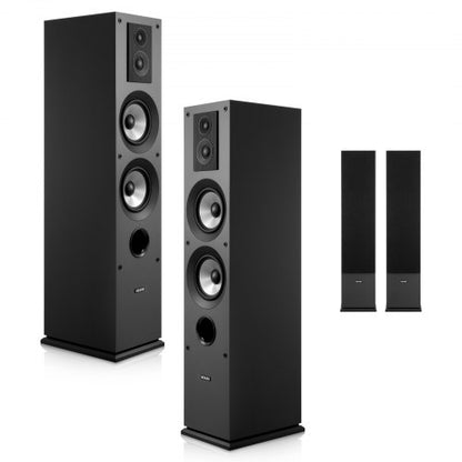 Passiva golvhögtalare i par, 3-vägs golvhögtalare, 19,05 mm och 25,4 mm diskant, dubbla 133,35 mm bashögtalare, 145 W toppeffekt, frekvensgång 70 Hz–20 kHz, MDF-hölje, för hemmaljud