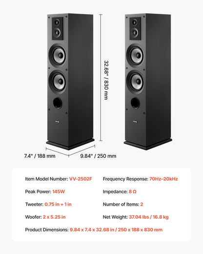 Passiva golvhögtalare i par, 3-vägs golvhögtalare, 19,05 mm och 25,4 mm diskant, dubbla 133,35 mm bashögtalare, 145 W toppeffekt, frekvensgång 70 Hz–20 kHz, MDF-hölje, för hemmaljud