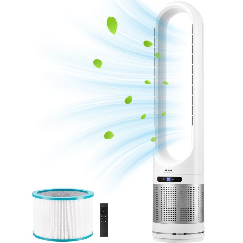 Tornfläkt utan blad, golvfläkt med 15,4 fot/s hastighet som blåser kall luft, 80° oscillerande fläktar med 8 hastigheter, 8 timmars timer, stående fläktar med H13 HEPA-filtrering, fjärrkontroll och luftreningsläge