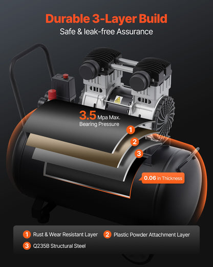 Luftkompressor, 15 gallon ståltank, 2 hk 5,3 CFM vid 90 PSI oljefri luftkompressor och max. 125 PSI tryck, 78 dB ultratyst bärbar kompressor, för bilreparationer, däckpåfyllning, sprutmålning