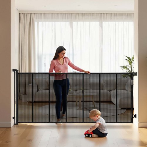 Infällbar hundgrind, förlängs till 3050 mm extra bred, 980 mm hög, med förstärkta glasfiberremsor, förhindrar att man kryper igenom, nätgrind för hundar i trägolv, dörröppningar, garage, inomhus, svart
