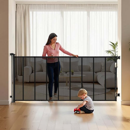 Infällbar hundgrind, förlängs till 4150 mm extra bred, 990 mm hög, med förstärkta glasfiberremsor, förhindrar att man kryper igenom, nätgrind för hundar i altaner, dörröppningar, garage, inomhus, svart