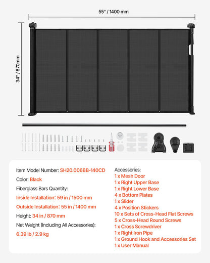 Infällbar barngrind, 870 mm hög, kan förlängas upp till 1400 mm bred, infällbar grind för barn eller husdjur, nätmaterial, enkel att installera för inomhustrappor, dörröppningar, hallar, lekrum, svart