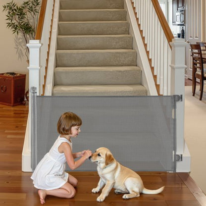 Retractable Baby Gate, Extends to 1430 mm Wide, 795 mm Tall, with Security Lock, Easy to Use, Walk Through Without Tripping, Mesh Dog Gate for Stairs, Hallways, Indoor/Outdoor, Gray