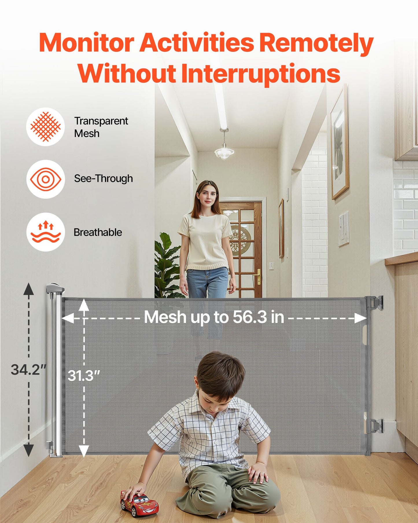 Retractable Baby Gate, Extends to 1430 mm Wide, 795 mm Tall, with Security Lock, Easy to Use, Walk Through Without Tripping, Mesh Dog Gate for Stairs, Hallways, Indoor/Outdoor, Gray
