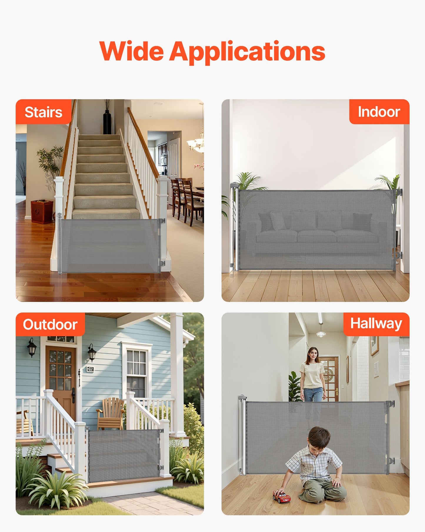 Retractable Baby Gate, Extends to 1430 mm Wide, 795 mm Tall, with Security Lock, Easy to Use, Walk Through Without Tripping, Mesh Dog Gate for Stairs, Hallways, Indoor/Outdoor, Gray