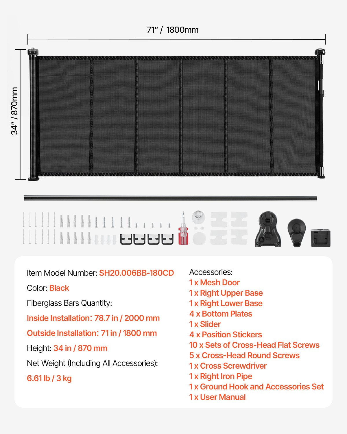 Infällbar barngrind, 870 mm hög, kan förlängas upp till 1800 mm bred, infällbar grind för barn eller husdjur, nätmaterial, enkel att installera för inomhustrappor, dörröppningar, hallar, lekrum, svart
