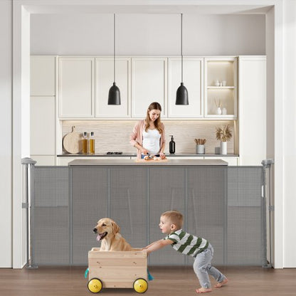 Infällbar barngrind, 870 mm hög, kan förlängas upp till 1800 mm bred, infällbar grind för barn eller husdjur, nätmaterial, enkel att installera för inomhustrappor, dörröppningar, hallar, lekrum, grå