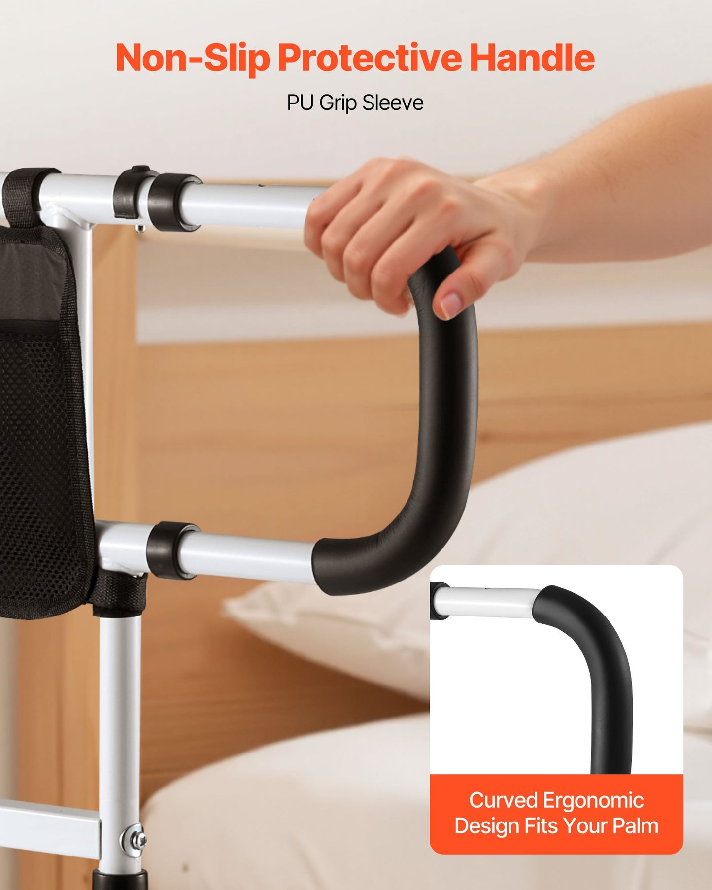 Sänggrind för äldre, hopfällbar och utdragbar sängstödgrind med sidohandtag och PU-ledstång, justerbar höjd för sängkant i kolstål, passar seniorsäng, queen size-säng, fullsäng och twin-säng