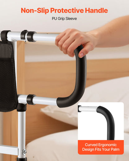 Sänggrind för äldre, hopfällbar och utdragbar sängstödgrind med sidohandtag och PU-ledstång, justerbar höjd för sängkant i kolstål, passar seniorsäng, queen size-säng, fullsäng och twin-säng