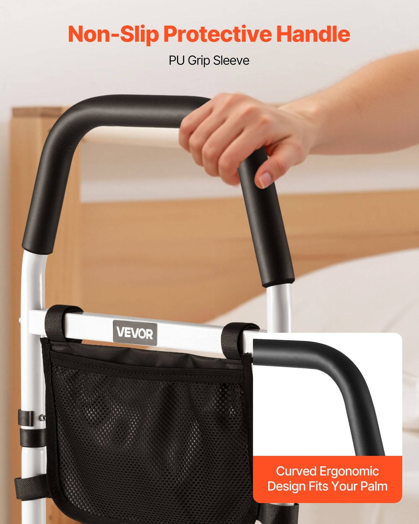 Sänggrind för äldre, sängstöd med PU-ledstång, justerbar höjd vid sängkant, sängstänger i höghållfast kolstål för seniorer och patienter, passar king size-säng, queen size-säng, dubbelsäng och twin-säng