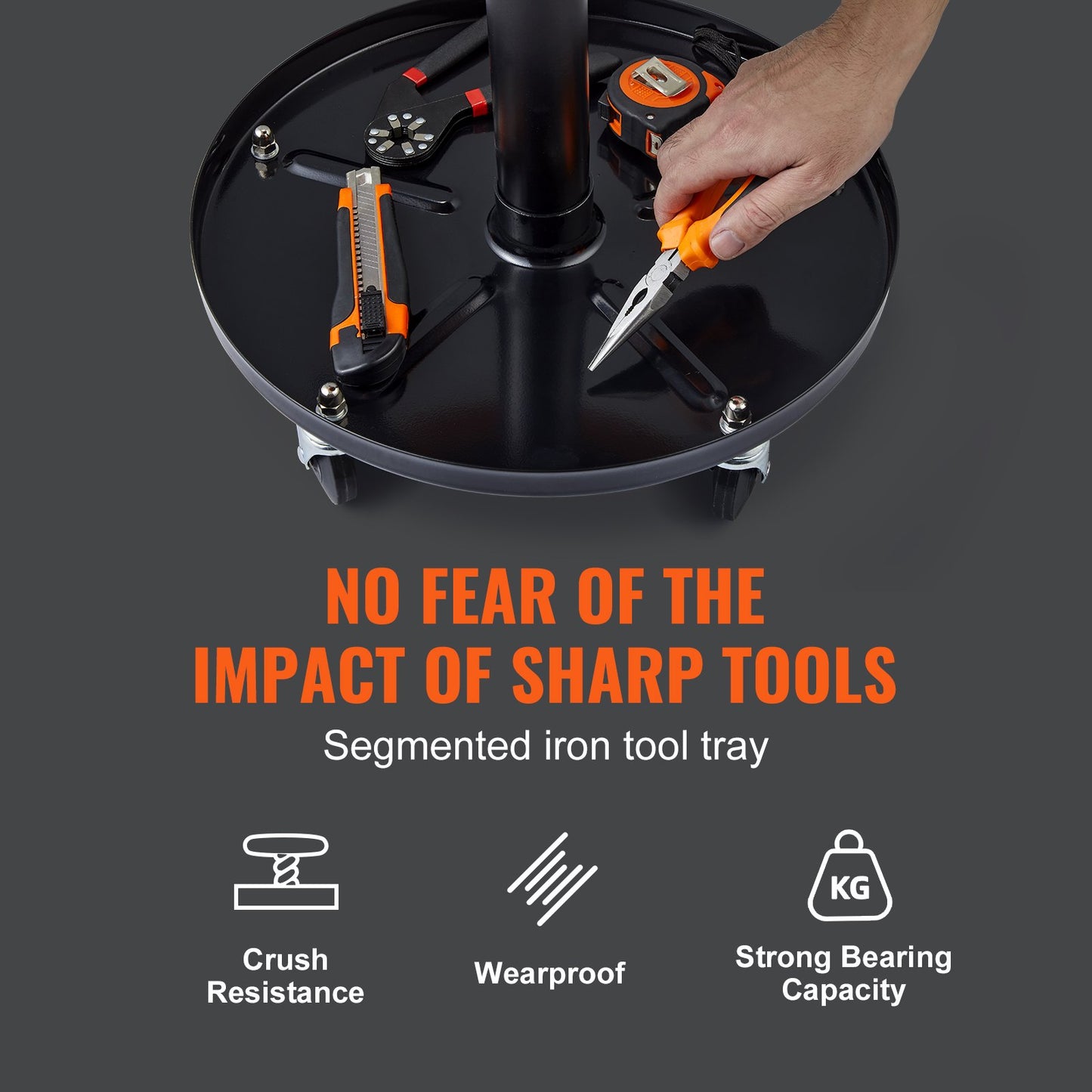 Mekanikerpall, 113 kg rullande pneumatisk krypstol för garage/verkstad, justerbar höjd 56 cm-71 cm vadderad rullande verkstadspall med verktygslåda, för garage, verkstad, bilreparationer, svart+orange