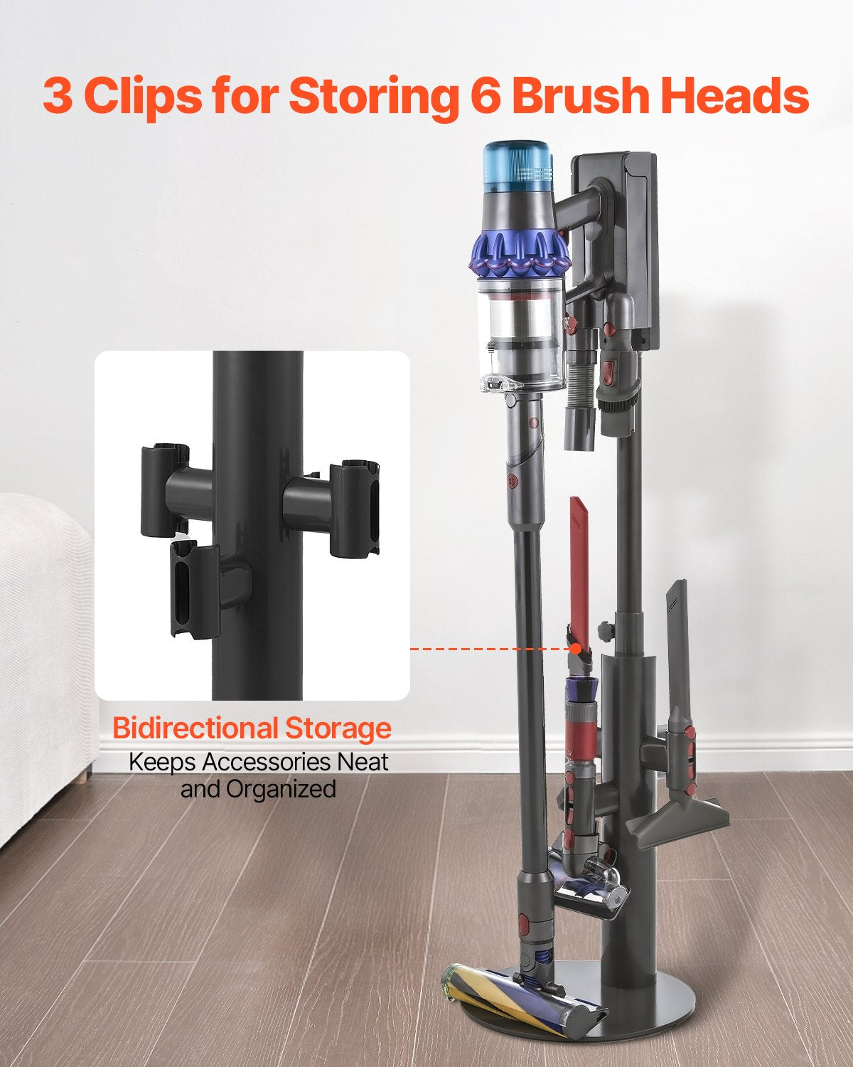 Dammsugningsställ, kompatibelt med Dyson V7 V8 V10 V11 V12 V15 SV10 SV12 SV14 SV18 SV21 upprättstående dammsugare och tillbehör, stabilt dammsugningsställ med 3 klämmor och justerbar höjd