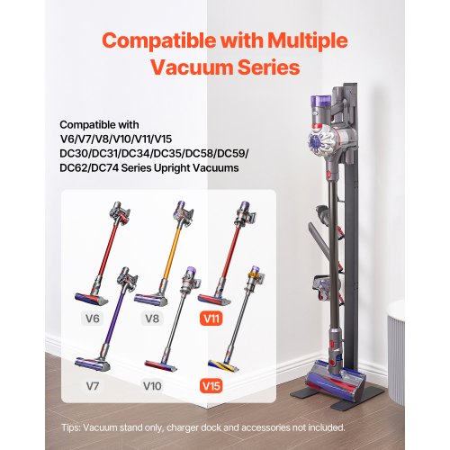 Dammsugningsställ, kompatibelt med Dyson V6 V7 V8 V10 V11 V15, stabilt dammsugningsställ med 6 krokar för Dyson DC30 DC31 DC34 DC35 DC58 DC59 DC62 D74 sladdlösa upprätta dammsugare och tillbehör