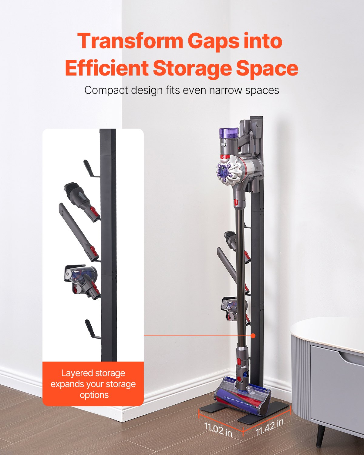 Dammsugningsställ, kompatibelt med Dyson V6 V7 V8 V10 V11 V15, stabilt dammsugningsställ med 6 krokar för Dyson DC30 DC31 DC34 DC35 DC58 DC59 DC62 D74 sladdlösa upprätta dammsugare och tillbehör