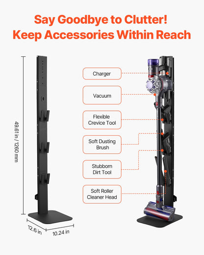 Dammsugningsställ, kompatibelt med Dyson G5 V15 V12 V11 V10 V8 V7 V6-serien, upprättstående dammsugare och tillbehör, stabilt dammsugningsställ med 6 krokar och halkfria fotplattor, svart