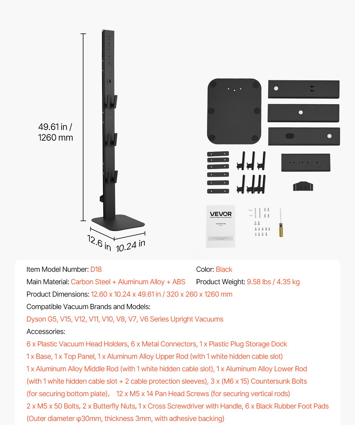 Dammsugningsställ, kompatibelt med Dyson G5 V15 V12 V11 V10 V8 V7 V6-serien, upprättstående dammsugare och tillbehör, stabilt dammsugningsställ med 6 krokar och halkfria fotplattor, svart