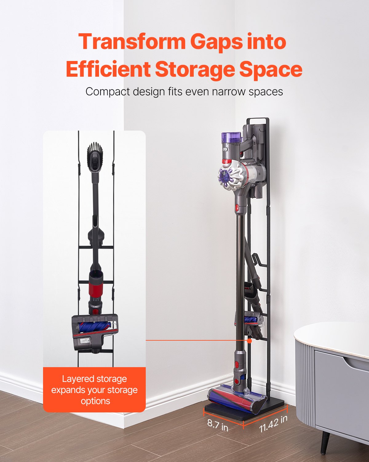 Dammsugningsställ, kompatibelt med Dyson V6 V7 V8 V10 V11 V15, stabilt dammsugningsställ med 4 krokar för Dyson DC30 DC31 DC34 DC35 DC58 DC59 DC62 D74 sladdlösa upprätta dammsugare och tillbehör