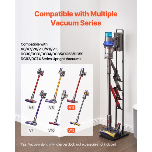 Dammsugningsställ, kompatibelt med Dyson V6 V7 V8 V10 V11 V15, stabilt dammsugningsställ med hjul för Dyson DC30 DC31 DC34 DC35 DC58 DC59 DC62 D74 sladdlösa upprätta dammsugare och tillbehör