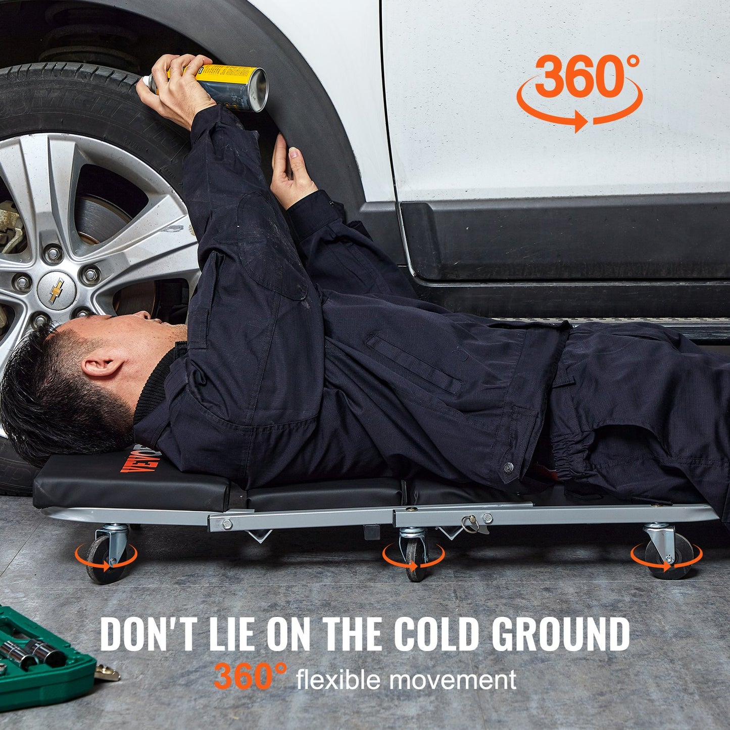 Z-Creeper-säte, 2-i-1 rullande hopfällbar krypstol/pall, 136 kg kapacitet för mekanikerkrypstol, lågprofilkrypstol med 6 st hjul för garage, verkstad, bilreparationer, ligg- eller sittplats, svart