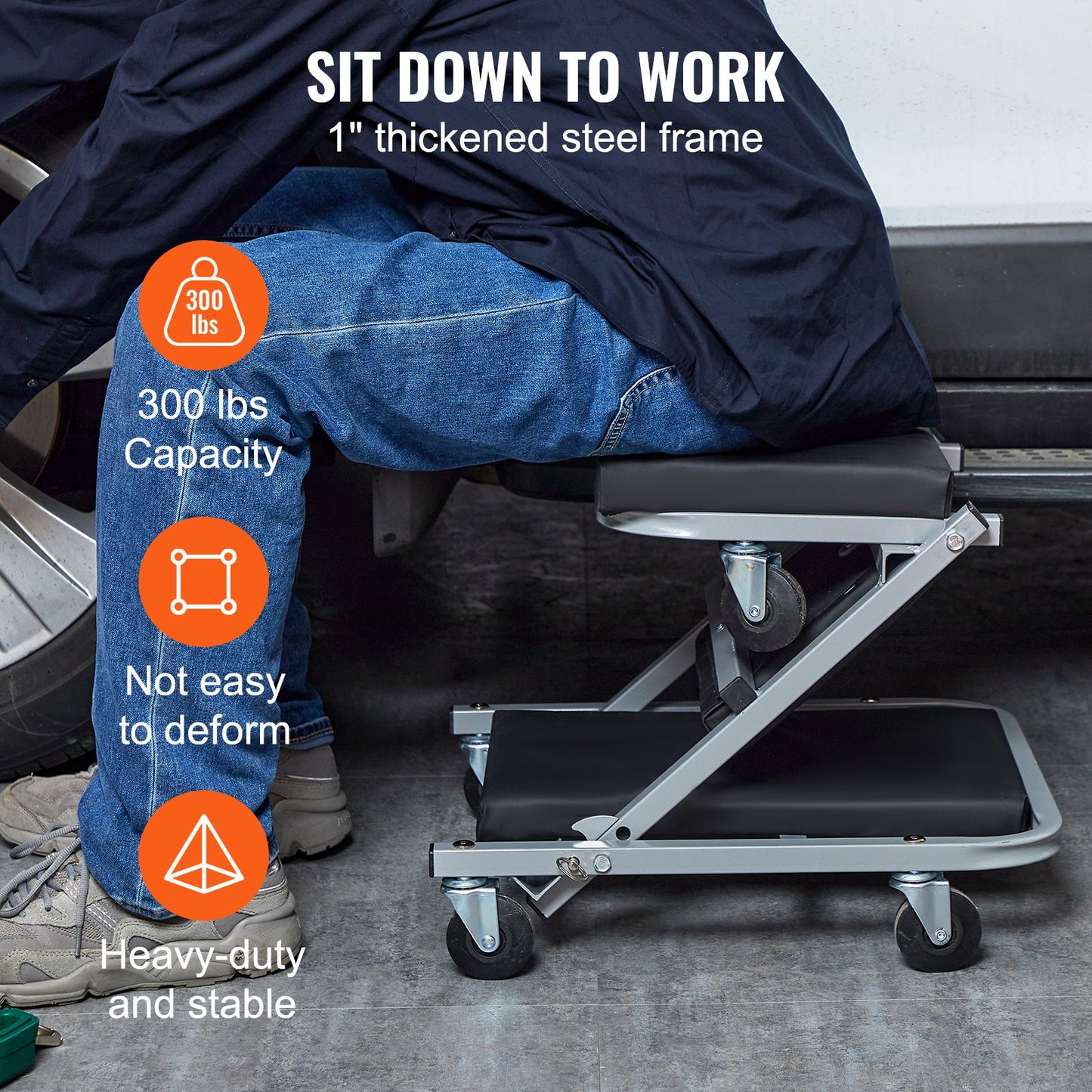 Z-Creeper-säte, 2-i-1 rullande hopfällbar krypstol/pall, 136 kg kapacitet för mekanikerkrypstol, lågprofilkrypstol med 6 st hjul för garage, verkstad, bilreparationer, ligg- eller sittplats, svart