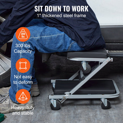 Z-Creeper-säte, 2-i-1 rullande hopfällbar krypstol/pall, 136 kg kapacitet för mekanikerkrypstol, lågprofilkrypstol med 6 st hjul för garage, verkstad, bilreparationer, ligg- eller sittplats, svart