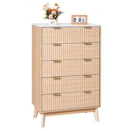 Byrå med 5 räfflade lådor, träbyrå med utdragbar låda och tippskydd, modern minimalistisk byrå, garderobsorganisatör för vardagsrum, hall, sovrum, entré, ljust trä