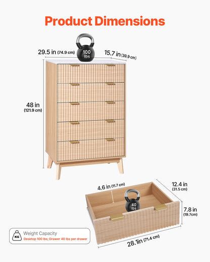 Byrå med 5 räfflade lådor, träbyrå med utdragbar låda och tippskydd, modern minimalistisk byrå, garderobsorganisatör för vardagsrum, hall, sovrum, entré, ljust trä