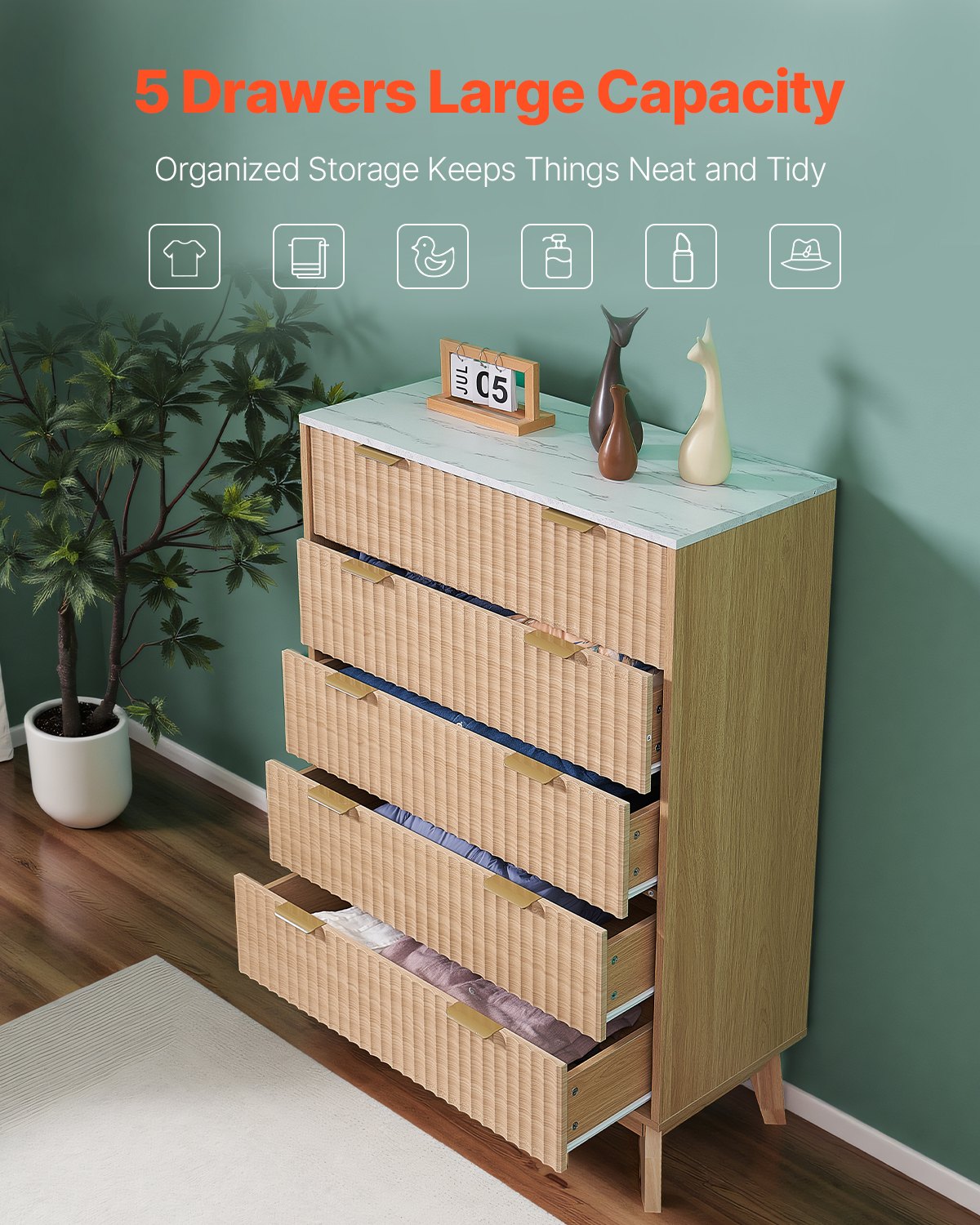 Byrå med 5 räfflade lådor, träbyrå med utdragbar låda och tippskydd, modern minimalistisk byrå, garderobsorganisatör för vardagsrum, hall, sovrum, entré, ljust trä