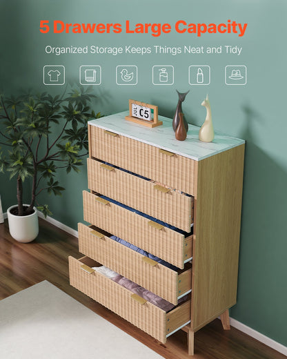 Byrå med 5 räfflade lådor, träbyrå med utdragbar låda och tippskydd, modern minimalistisk byrå, garderobsorganisatör för vardagsrum, hall, sovrum, entré, ljust trä