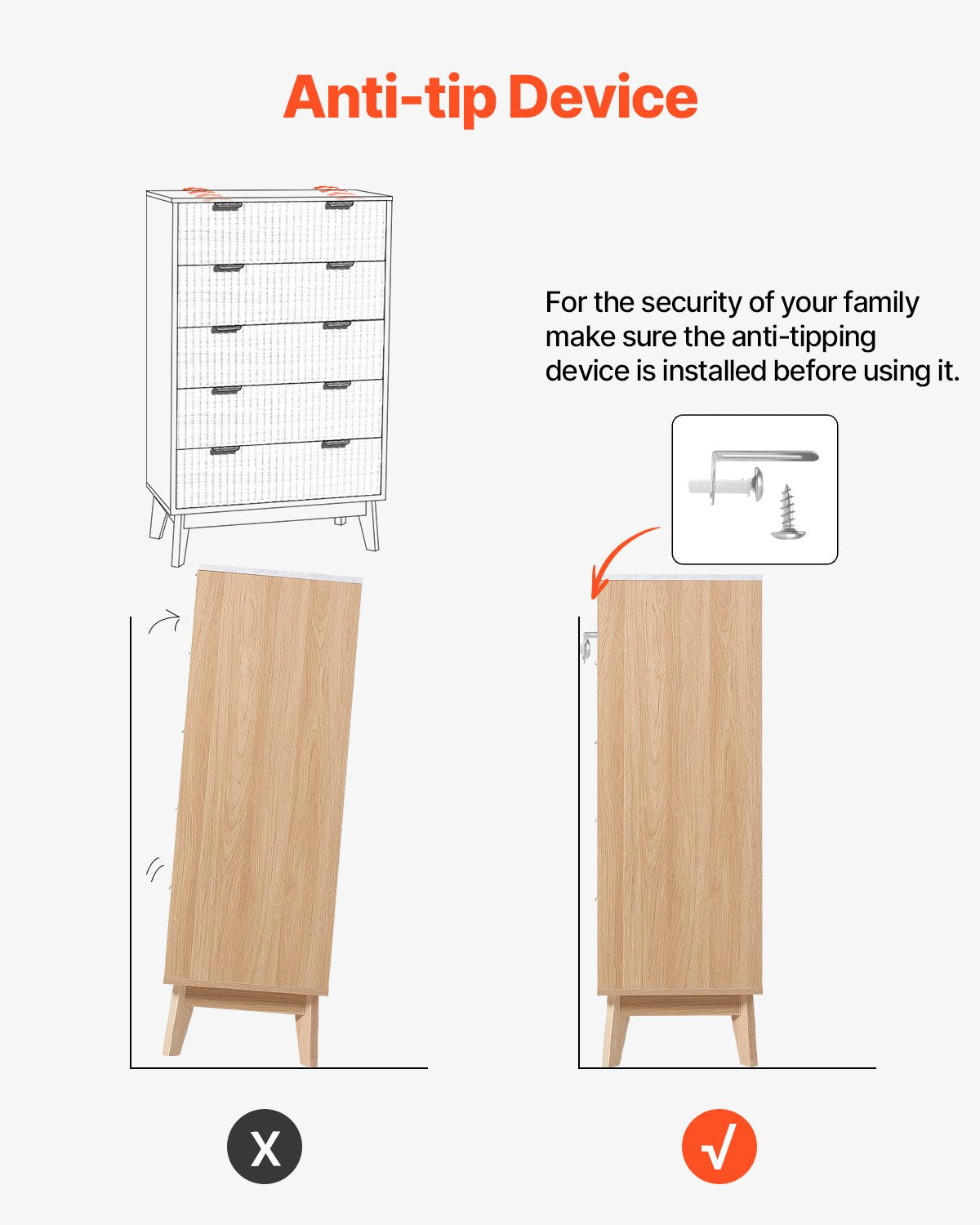 Byrå med 5 räfflade lådor, träbyrå med utdragbar låda och tippskydd, modern minimalistisk byrå, garderobsorganisatör för vardagsrum, hall, sovrum, entré, ljust trä