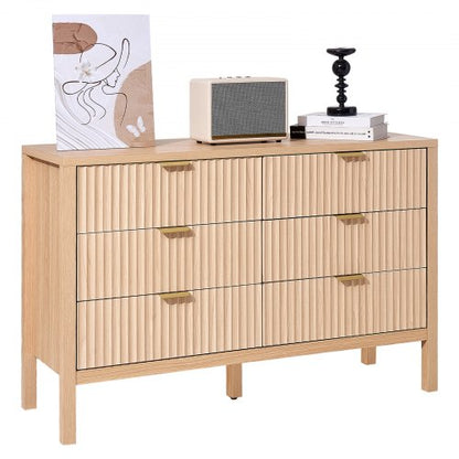 Byrå med 6 räfflade lådor, träbyrå med utdragbar låda och tippskydd, modern minimalistisk byrå, garderobsorganisatör för vardagsrum, hall, sovrum, entré, ljust trä