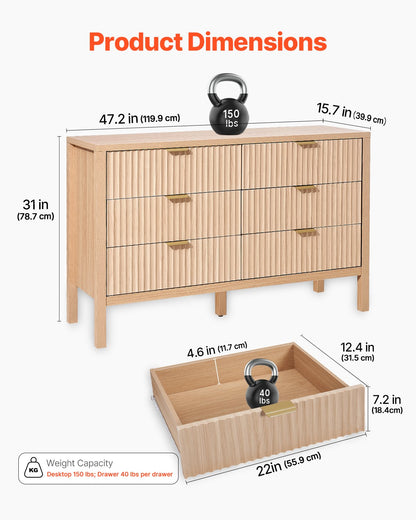 Byrå med 6 räfflade lådor, träbyrå med utdragbar låda och tippskydd, modern minimalistisk byrå, garderobsorganisatör för vardagsrum, hall, sovrum, entré, ljust trä