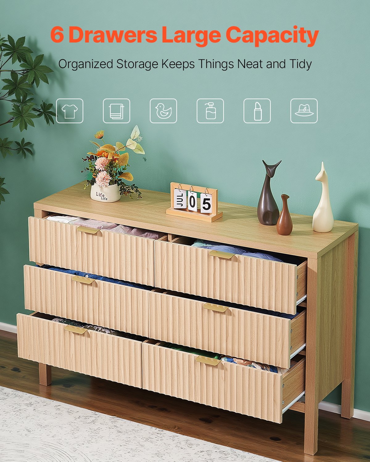 Byrå med 6 räfflade lådor, träbyrå med utdragbar låda och tippskydd, modern minimalistisk byrå, garderobsorganisatör för vardagsrum, hall, sovrum, entré, ljust trä