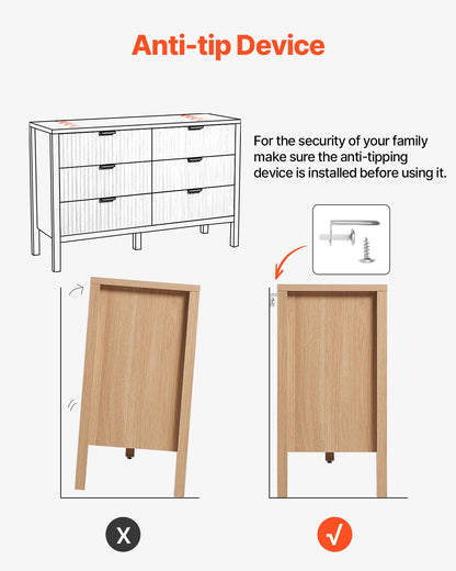 Byrå med 6 räfflade lådor, träbyrå med utdragbar låda och tippskydd, modern minimalistisk byrå, garderobsorganisatör för vardagsrum, hall, sovrum, entré, ljust trä