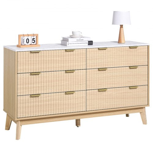 6 Fluted Drawer Dresser, Wooden Chest of Drawers with Sliding & Anti-tip Device, Modern Minimalist Dresser Chest, Fluted Closet Storage for Living Room, Hallway, Bedroom, Entryway, Light Wood