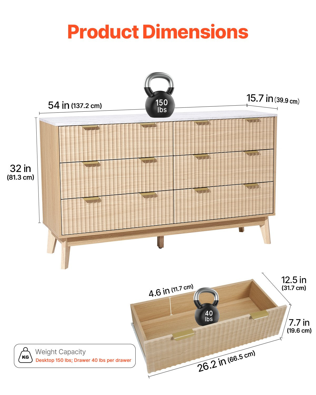 Byrå med 6 räfflade lådor, träbyrå med utdragbar låda och tippskydd, modern minimalistisk byrå, räfflad garderobsförvaring för vardagsrum, hall, sovrum, entré, ljust trä